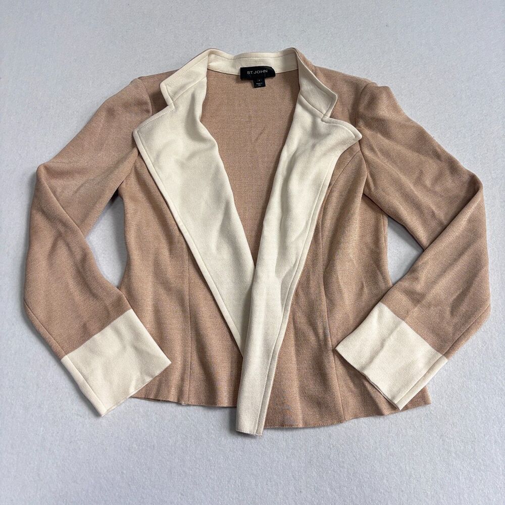 St. John Knit Blazer Cardigan Womens 6 Beige Cream Open Front Comfortable Career